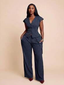 Radiana Plus Size Women's Summer Casual Light Blue Striped Bussines Office Work Blazer,Elegant Retro Striped Drop Shoulder Wide Shoulder Jacket For Urban - Blue - View 7