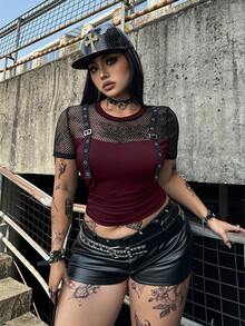 Flirla Plus Size Punk Eyelet Patchwork Short Sleeve T-Shirt, Spring/Summer Club Black Traditional - Burgundy - View 1