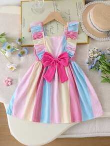 SHEIN Vintaside Kids Vestido Casual Solto de Estilo Francês Fresco e Doce para Meninas Jovens com Gola Quadrada, Mangas Bufantes, Decoração de Laço 3D e Estampa de Laço em Todo o Vestido, Azul e Branco Listrado, Verão - Rosa chiclete - Visão 6