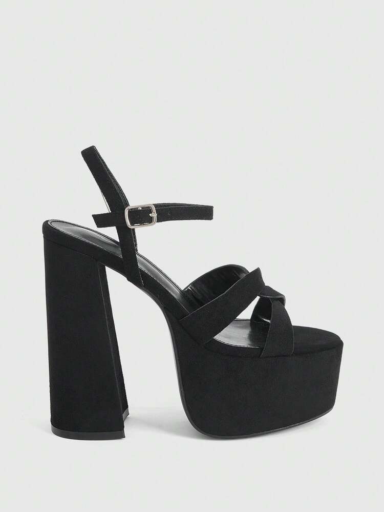 CUCCOO LuxiPop Women's Black Velvet Round Toe Cross Strap Open Back Hollow Out Platform Heel Sandals, Sexy Club Party Street Style