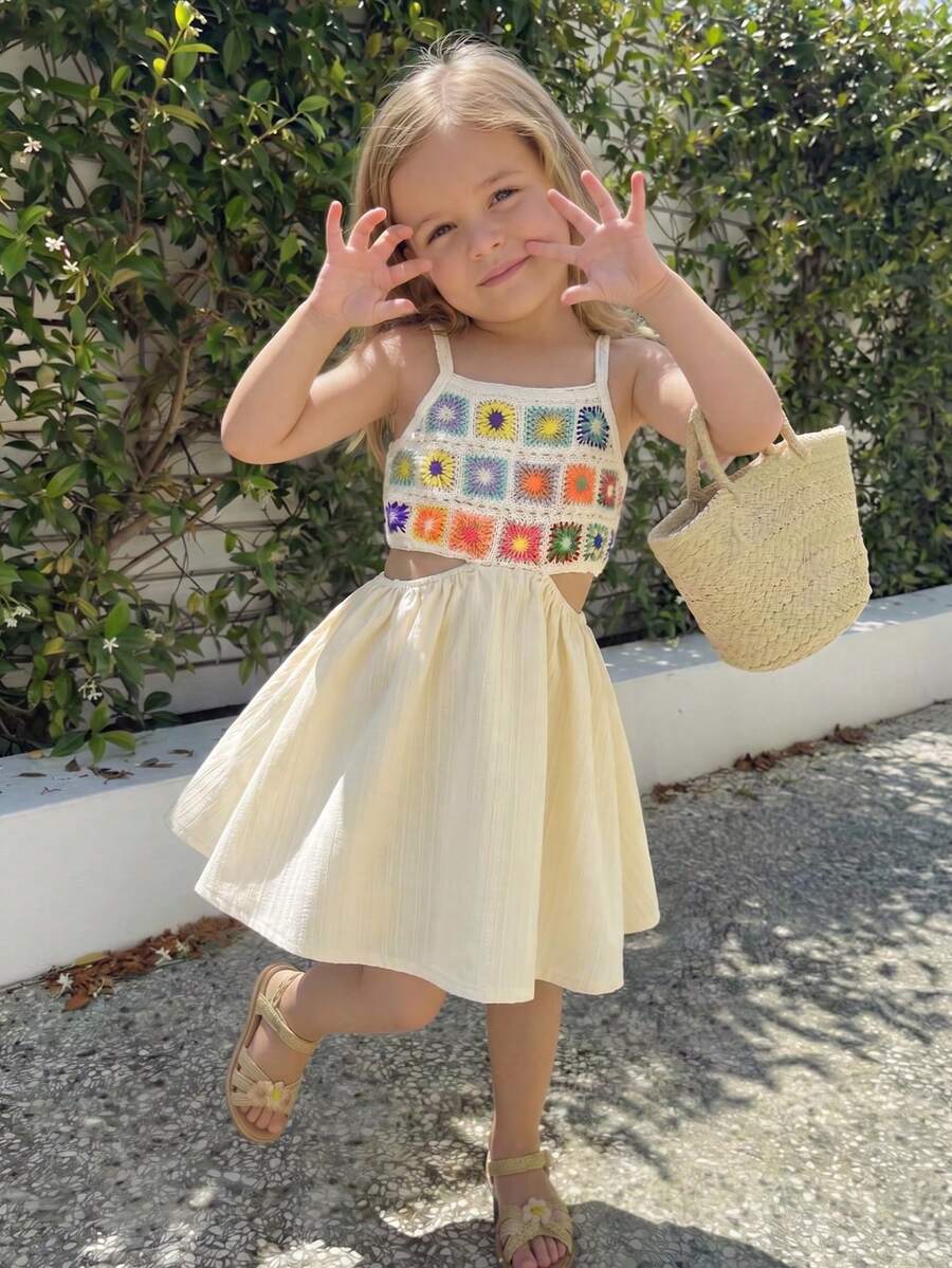 Vintaside Kids 年轻女孩复古乡村度假简约可爱3D钩编蕾丝镂空腰身吊带裙,适合日常穿着和度假 - 杏色 - 查看 1