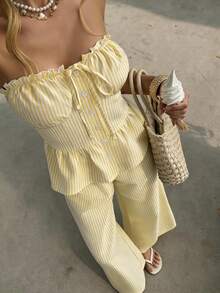 Lucivie Elegant Sexy White And Yellow Summer Tropical Holiday Vacation Women's Set,Striped Strapless Top Loose Long Pants,Casual Beach Golf Birthday Outfits - Yellow - View 9