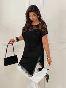 Femmeverse Plus Size Women Round Neck, Spaghetti Strap 2 In 1, Lace Patchwork Design, Slit Solid Color Dress - Black - View 8