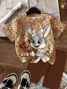 2pcs/Set Young Girls Cute Cartoon Rabbit Print Casual T-Shirt And Shorts, Sweet Bowknot Decor, Muted Color, Suitable For Girls, Comfortable Summer, Back To School, Y2K Style, Kids Fall Fashion, Cozy , Sweet Style, Affordable Fashion, Weekend Outfits Young Girls Clothing Bunny T-Shirt Rabbit Shirt Kids T-Shirt Kids Clothes - Multicolor - View 2