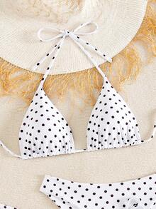 Swim Vcay Women's White With Black Polka Dots 3-Piece Set Triangle Cup Bikini Swimwear,Summer Tropical Holiday Beach Pool Party Vacation Knitted Dress - Multicolor - View 4