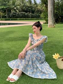 DAZY Women's Floral Print Patchwork Ruffle Hem Elegant Dress Sun Dresses For Women Vacation Outfits Women - Blue - View 1