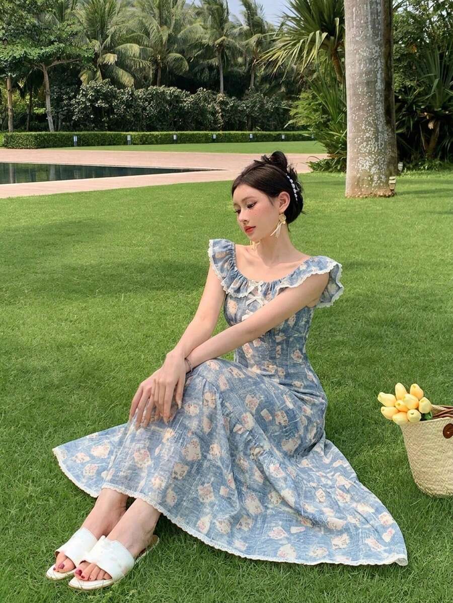 DAZY Women's Floral Print Patchwork Ruffle Hem Elegant Dress Sun Dresses For Women Vacation Outfits Women - Blue - View 1