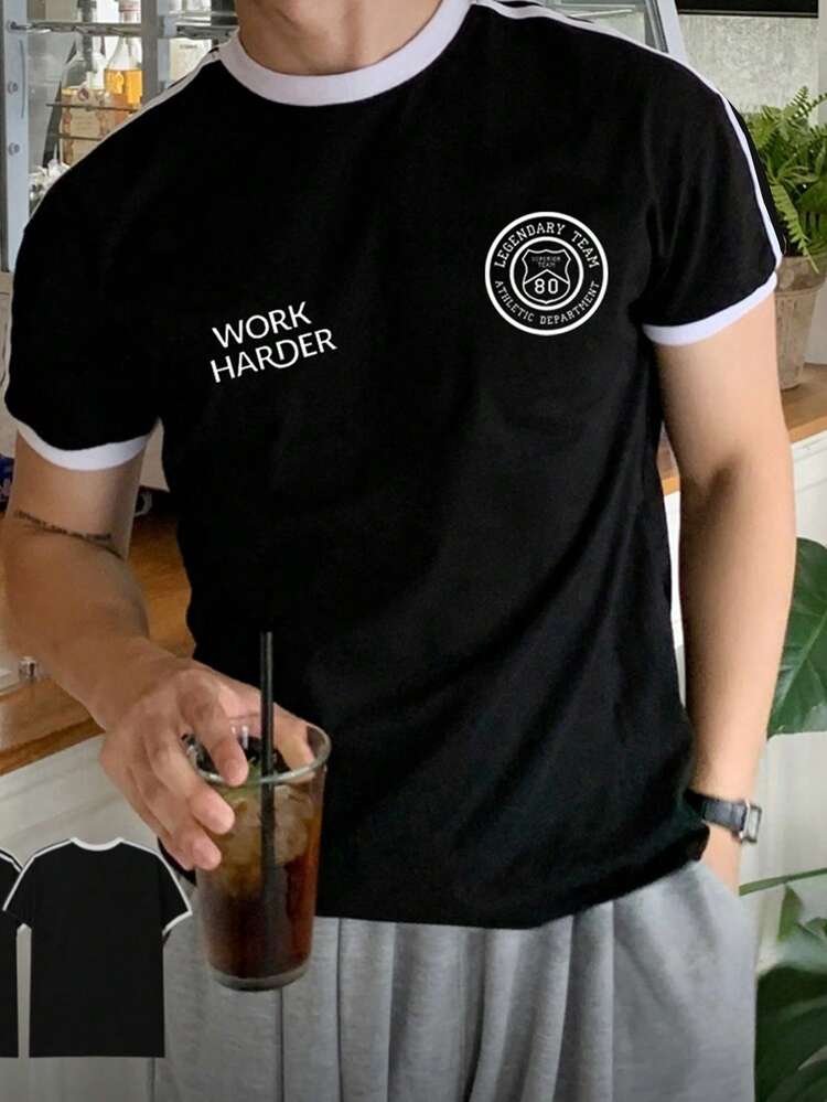 Men's Black Letter Print Short Sleeve T-Shirt, Summer