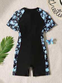 SHEIN Traje de baño de una pieza con estampado de árbol de coco de manga corta para niña preadolescente, adecuado para verano, playa y vacaciones - Negro - Ver 2
