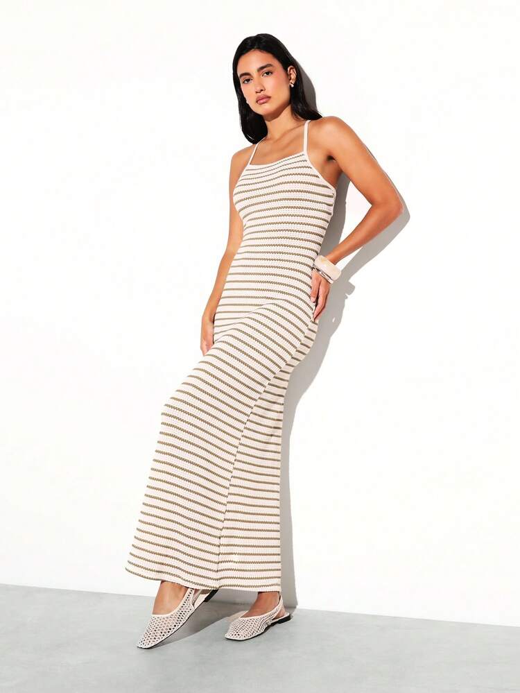KSTM Striped Cross Back Halter Maxi Dress With Adjustable Straps And Open Back Detail For Summer Vacation Resort Wear