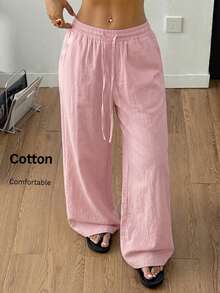 Coolane Trang phục mùa hè dành cho nữ, thích hợp đi xem hòa nhạc, đi biển, phong cách boho cơ bản tối giản, quần trắng 100% cotton đã giặt, ống quần cong. - Hồng - Xem 4