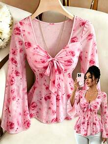 Elenzga New Arrival Women Floral Print Sheer Bell Sleeve T-Shirt With Bow Front Design, Elegant Casual Vacation Top Fall Cloth For Women - Pink - View 3