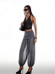 Airlisse Women's Fashionable Sexy Low-Waist 2 In 1 Metal Eyelet Decor Mesh Sheer Lantern Pants Girlisim Autumn Golf Pastal - Dark Grey - View 6
