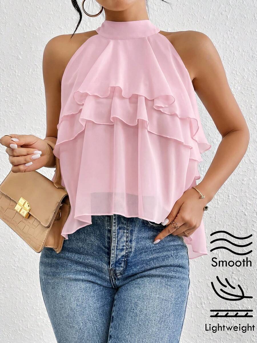 Firerie Loose Neck Ruffle Asymmetrical Chiffon Blouse,Summer Top - Baby Pink - View 1