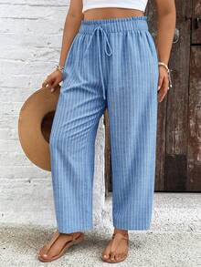SHEIN VCAY Quần ống rộng kẻ sọc dáng thường ngày, cạp chun, viền bèo nhún - Màu xanh nhạt - Xem 6