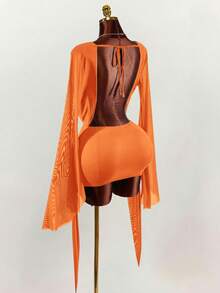 Amplova Romantic Vacation Earthy Tone Low-Cut Drape Collar, Flare Sleeve, Bodycon Mini Dress,Party Dresses For Women - Orange - View 2