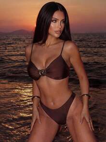 Swim SXY Women's Solid Color Metallic Fabric Spaghetti Strap Clasp Decor Casual Sexy Beach Bikini Swimwear Set, Spring/Summer - Brown - View 7