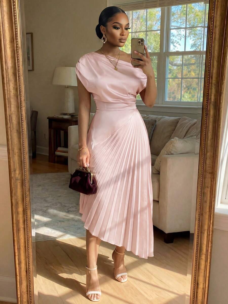 SHEIN Lady CURVE Đầm ngắn tay xếp ly, cổ chữ V, in hoa, cỡ lớn, thích hợp cho kỳ nghỉ hoặc hẹn hò. - Hồng - Xem 1