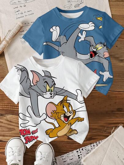 TOM & JERRY X SHEIN 2pcs Young Boy Casual Cartoon Print Short Sleeve T-Shirts, Suitable For Daily Wear