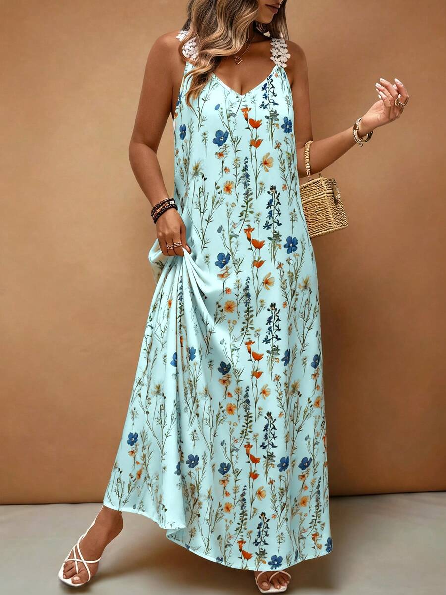 EMERY ROSE Vestido de línea A con estampado floral, volantes en el bajo, elegante y casual para vacaciones y uso diario, tallas grandes, primavera/verano - Celeste - Ver 1