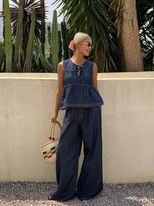 DAZY Bộ jumpsuit denim dài ống đứng không tay kiểu dáng thường ngày dành cho nữ, thích hợp cho kỳ nghỉ xuân hè. - Rửa tối - Xem 4