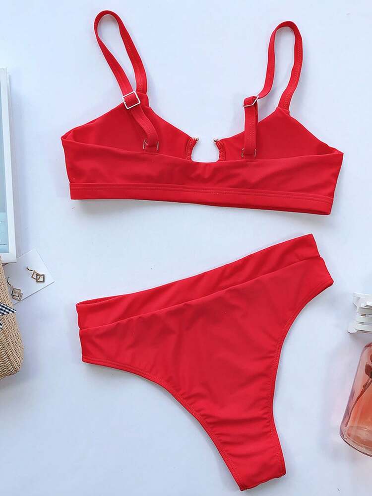 Summer Beach Solid Bikini Set Cuff Ring Linked Adjustable Strap Cami Bra & High Waisted Bottom 2 Piece Bathing Suit