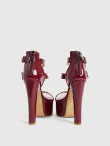 CUCCOO LuxiPop Sexy Mode Wort mit Fußriemen Runde Zehenkappe Dicke Absätze Reißverschluss Hinten Damen Burgunderrote High Heel Sandalen, geeignet für Frühling und Sommer, Urlaubssaison 2000er Jahre Stil, Urlaubsatmosphäre, Sommerbekleidung, Reise Muss-haben - Bordeaux - Übersicht 3