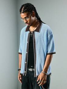 ROMWE MEN Men's Contrast Color Short Sleeve Single-Breasted Casual Knit Top - Multicolor - View 6