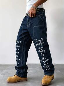 Manfinity EMRG Men's Straight Leg Slogan Print Jeans - Black - View 3
