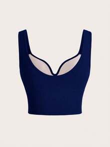 SHEIN Sports Plus Size Women's Navy Blue Sports Bra,Athletic Summer Pilates Curvy Gym Top,Curve Ribbed Tank Top,Built In Bra Fitted Crop Top,Solid Color Gym Tops - Navy Blue - View 2