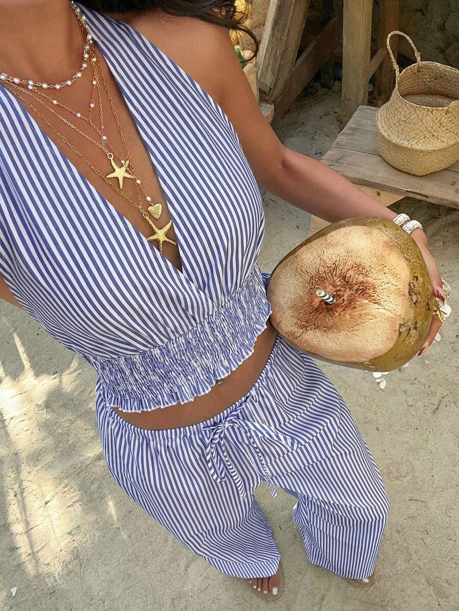 Sunnyshic Bộ đồ hai mảnh mùa hè dành cho nữ: áo hai dây hở lưng và quần ống rộng cạp chun có dây rút, gợi cảm và lãng mạn cho những buổi hẹn hò và kỳ nghỉ. - Màu xanh hải quân - Xem 1