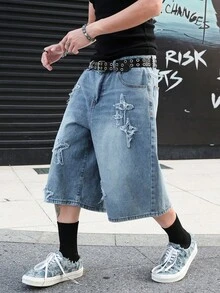 Manfinity EMRG Shorts vaqueros con bordado de estrella y dobladillo deshilachado, estilo streetwear estadounidense - Azul - Ver 1