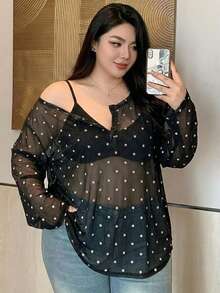 Dazy Plus Solid Color Scoop Neck Half-Open Collar Long Sleeve T-Shirt, Spring/Summer - Black - View 1