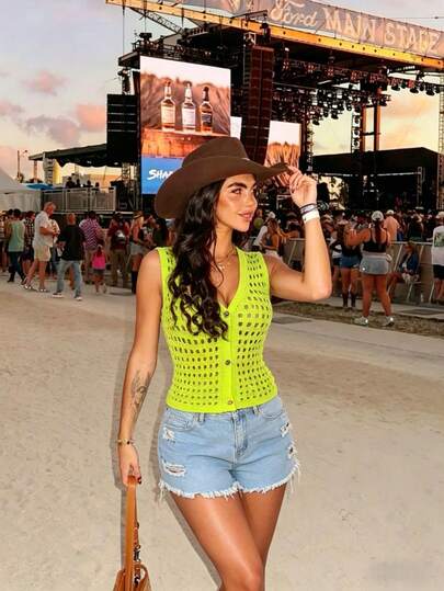 Glyssa Women's Y2K Streetwear Vacation Casual Lightweight Sheer Knit Fabric Sleeveless V-Neck Crop Top, Comfortable & Skin-Friendly, Mesh Cutout Design Highlights Sexy Figure, Suitable For Music Festivals, Beach Vacations, Nightclubs, Casual Outings, Green/Neon Green Color