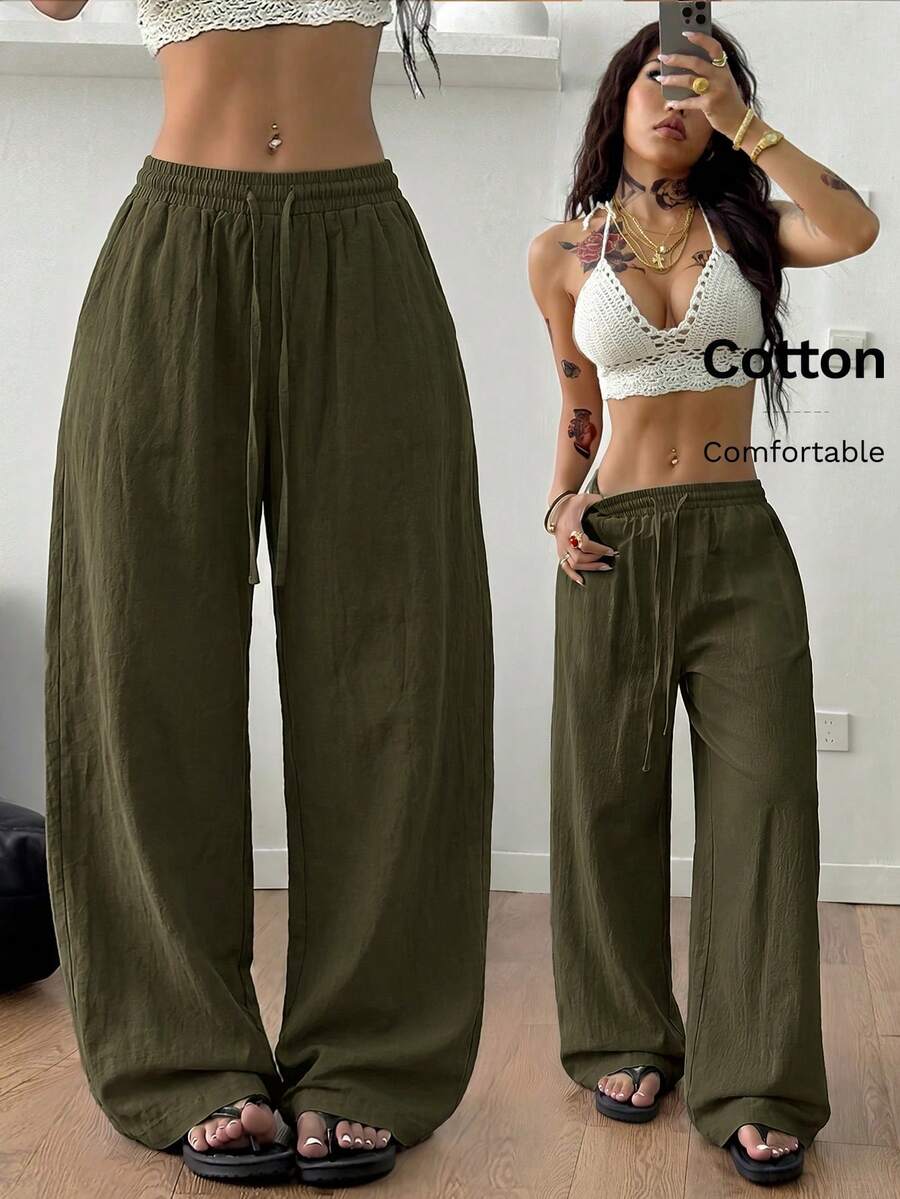 Coolane Trang phục mùa hè dành cho nữ, thích hợp đi xem hòa nhạc, đi biển, phong cách boho cơ bản tối giản, quần trắng 100% cotton đã giặt, ống quần cong. - xanh quân đội - Xem 1