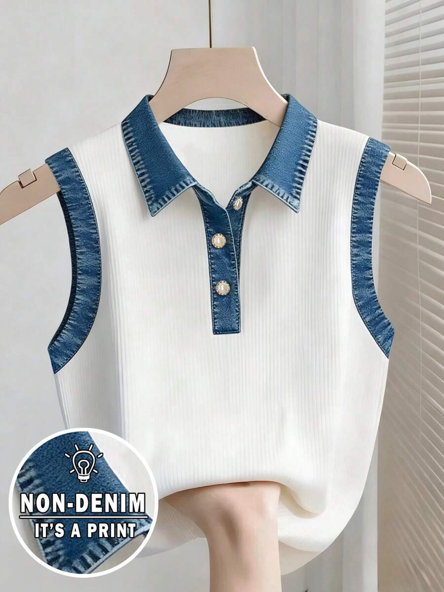 Franclia 大尺碼女款夏季休閒對比飾邊四分之一鈕扣翻領上衣 - 彩色 - 查看 1