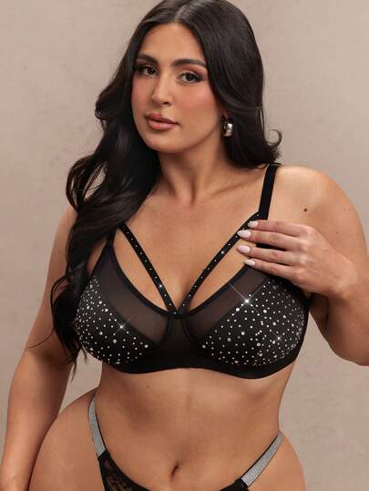 SHEIN BAE 1pc Plus Size Wireless Rhinestone Decor Milk Silk Brassiere, Lingerie For Women,Sexy,Valentine's Day,Wedding