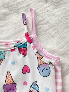 SHEIN 4pcs/Set Summer Girls Toddler Camisole Pajama Set, Cute Sweet Ice Cream & Heart Striped Print, Soft Comfortable Camisole Top And Shorts 4-Piece Loungewear - Pink - View 3