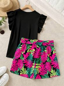 EMERY ROSE Solid Color Top & Tropical Print Shorts 2 Pieces Set, Suitable For Vacation, Plus Size - Multicolor - View 2