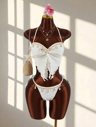 Amplova Women's Knitted Textured Swimsuit Set, Shell Cord Front Twist Sexy Avant-Garde Suitable For Holiday Outfit, Apricot Tie-Up Set