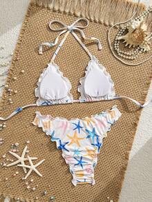 Swim Mod Bikini con estampado de estrella de mar sexy, traje de baño con cuello halter, volantes y talle bajo para mujeres, ideal para vacaciones en la playa - Multicolor - Ver 5