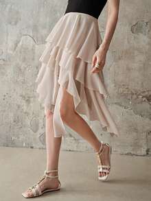 Frievida European And American Style Spring/Summer New Fashionable Versatile Multi-Layer Splicing Solid Color Chiffon Elastic Waist Midi Skirt - Beige - View 1