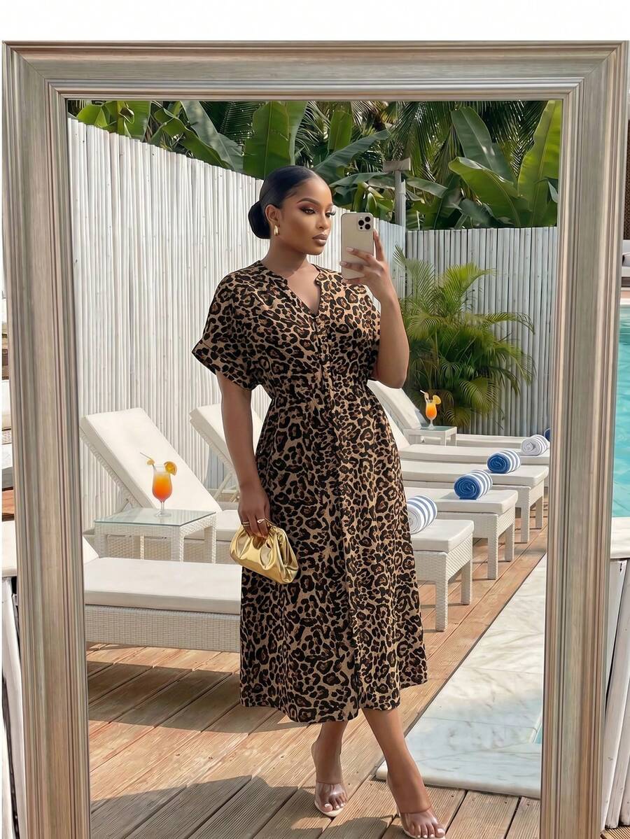 SHEIN Lady CURVE Đầm ngắn tay họa tiết da báo cỡ lớn dành cho nữ, kiểu dáng thường ngày, thích hợp cho kỳ nghỉ, màu cà phê. - Nhiều màu - Xem 1
