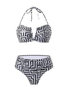 Swim Oasis Bộ đồ bơi nữ mùa xuân/hè 2026 mới với họa tiết ngẫu nhiên, gồm áo quây, quần bơi và váy maxi lưới, thích hợp cho kỳ nghỉ biển hoặc những dịp thường ngày. - Đen và trắng - Xem 3