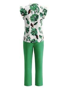 Xyvia Women's Printed Cap Sleeve Top And Solid Color Pants 2 Pieces Set (Belt Is Decorative) - Green - View 2