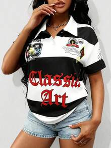 Gowayae 女士新款甜美清爽休闲度假简约浪漫衬衫领短袖T恤 - 黑與白 - 查看 6