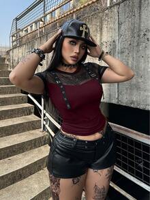 Flirla Plus Size Punk Eyelet Patchwork Short Sleeve T-Shirt, Spring/Summer Club Black Traditional - Burgundy - View 6