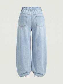 SHEIN PETITE CURVE Quần jean ống đứng dáng rộng màu xanh dương có túi dành cho nữ cỡ lớn - Rửa nhẹ - Xem 2