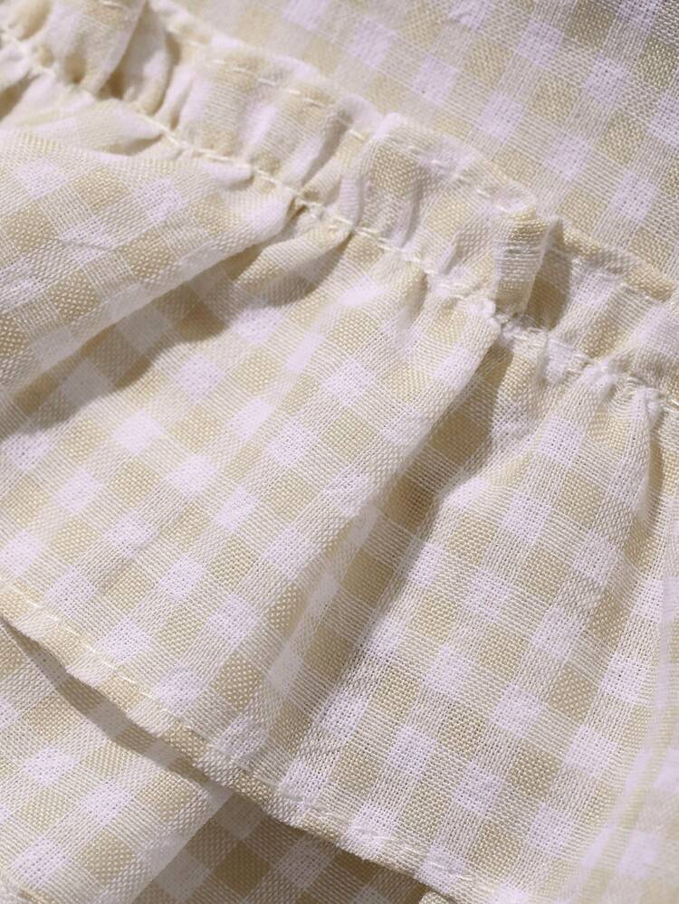 Toddler Girls' Plaid Ruffle Trim Casual Shirt And Shorts 2pcs Set, Korean Style