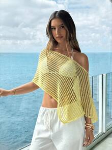 Aloruh Elegant Vacation & Commute Casual Light Yellow Knit Sweater, Beach Cover-Up - Light Yellow - View 8